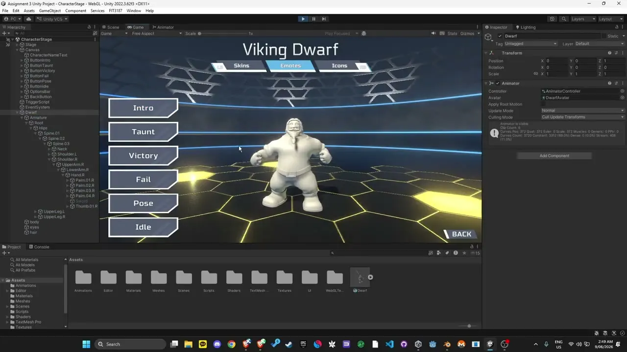 Unity editor showing the Viking Dwarf viewer with the Intro animation playing