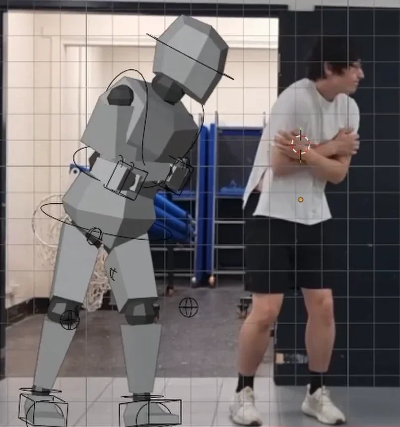 Animation reference: a posed Blender rig beside video of Paul acting out a nervous sideways walk