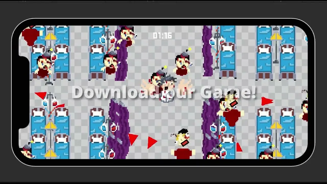 Gameplay inside a phone mock-up with the caption Download our Game!