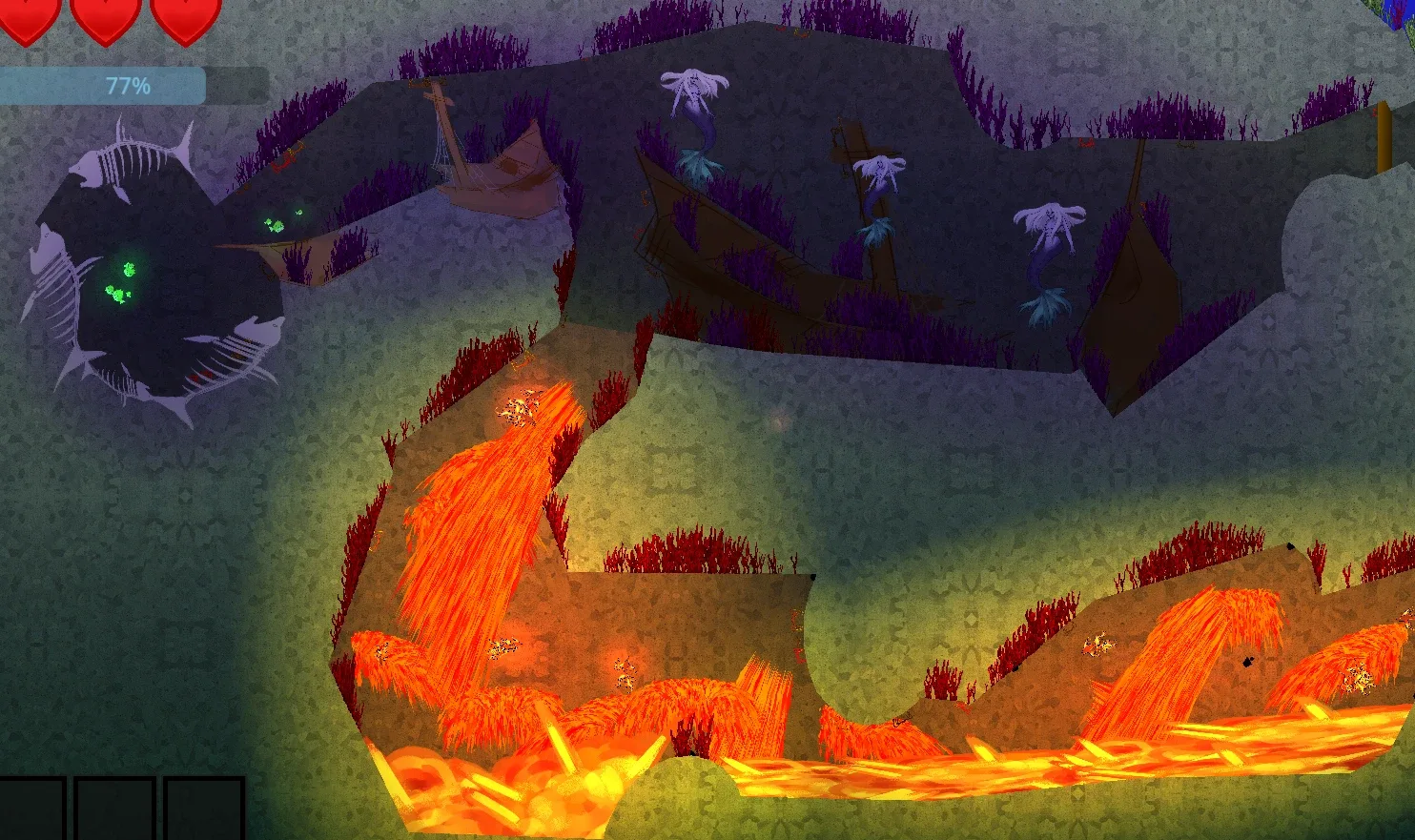 Map overview of the lava zone and the dead zone, with shipwrecks, mermaids and a fish-skeleton lair