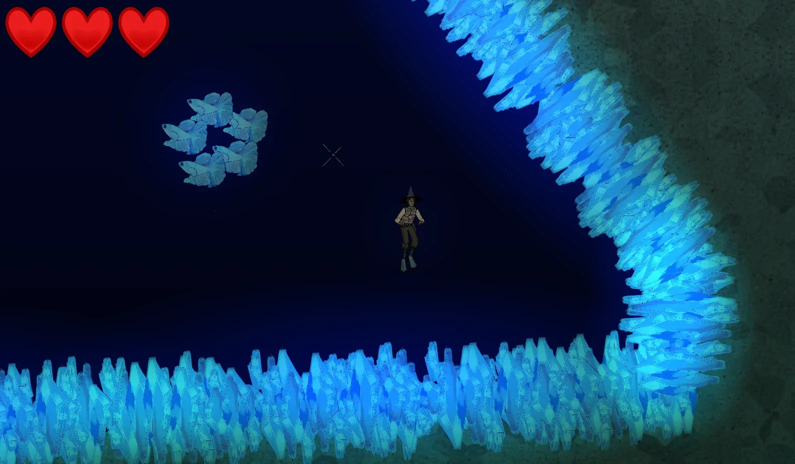The witch diver swimming in a dark cave lined with glowing blue crystals, near a school of fish