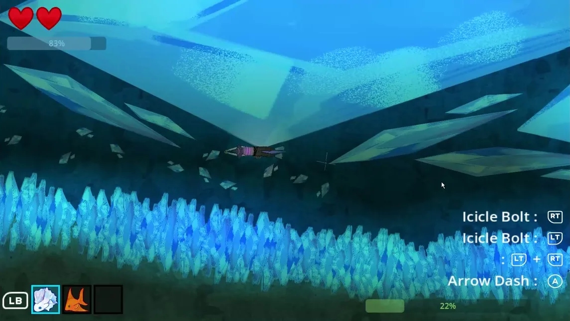 Swimming through an ice cave of blue crystals with a school of fish, Icicle Bolt equipped