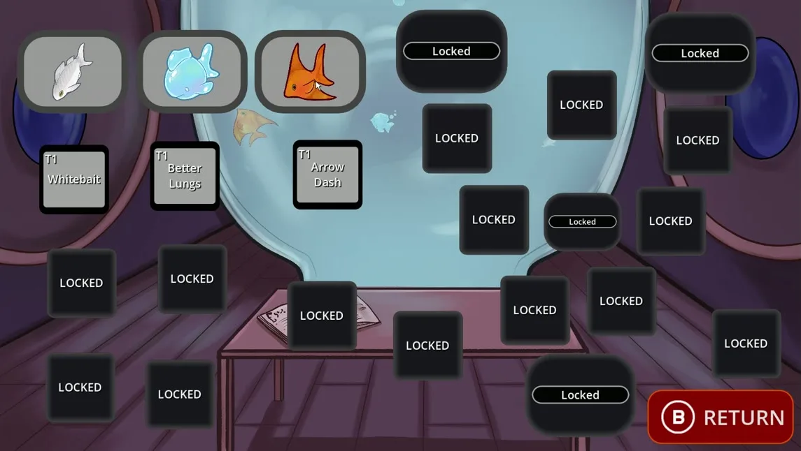 Research screen: the fish tank with fish upgrades, most still locked