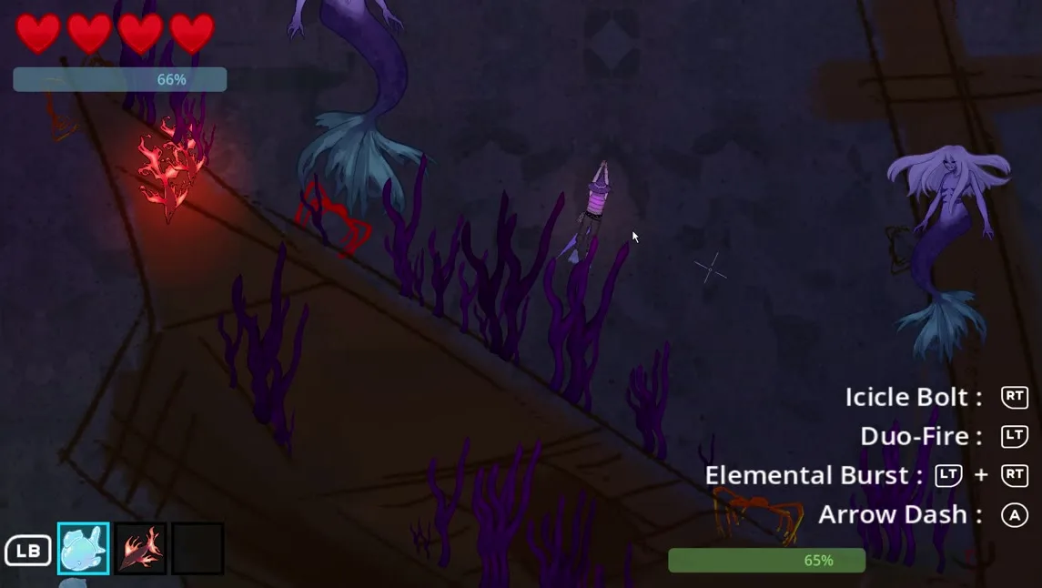 Fighting in the dead zone among purple seagrass and shipwreck timbers, with mermaid enemies