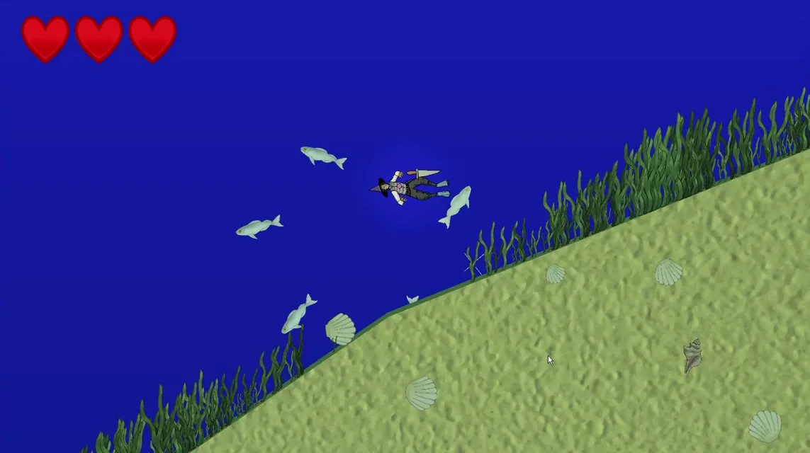 Seagrass prototype: the diver and a small school of fish above a sandy slope lined with seagrass
