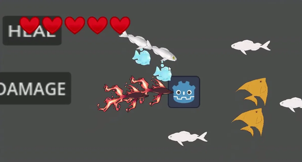 Fight-or-flight prototype in the Godot editor: fish scattering from a red predator fish