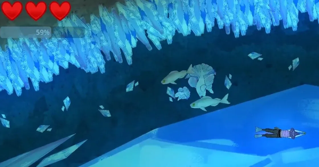 Swimming beneath a ceiling of ice crystals as a school of fish passes through falling ice shards