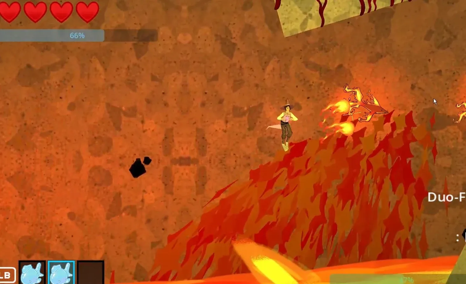 The diver beside red seagrass in the lava zone as a fire fish shoots fireballs