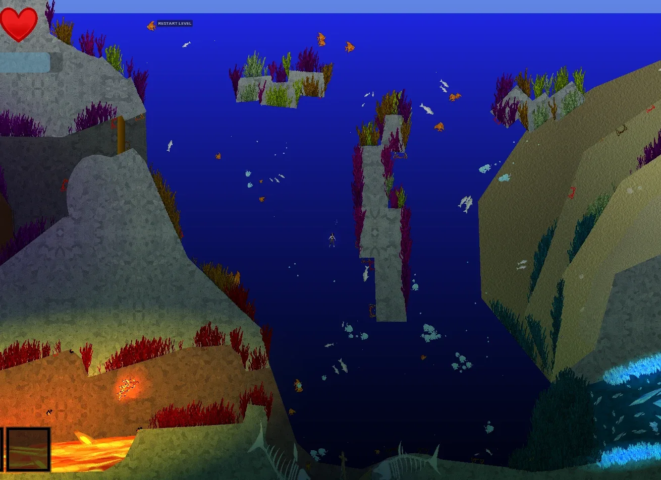 Wide view of the level: seagrass-covered rock pillars in deep blue water, with the lava zone and ice cave at the edges