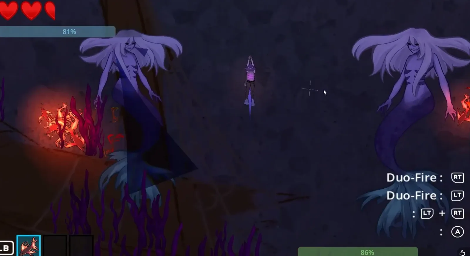 The diver swimming between two ghostly mermaids in the dead zone, Duo-Fire equipped