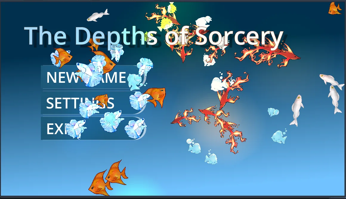 Depths of Sorcery title screen with New Game, Settings and Exit, surrounded by swimming fish