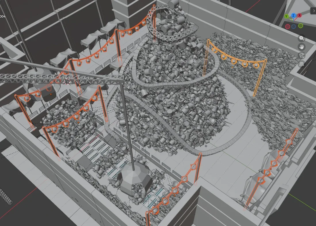 Blender viewport overview of the scrapyard: scrap piles, a spiral walkway, a crane and strings of hanging lights inside high walls