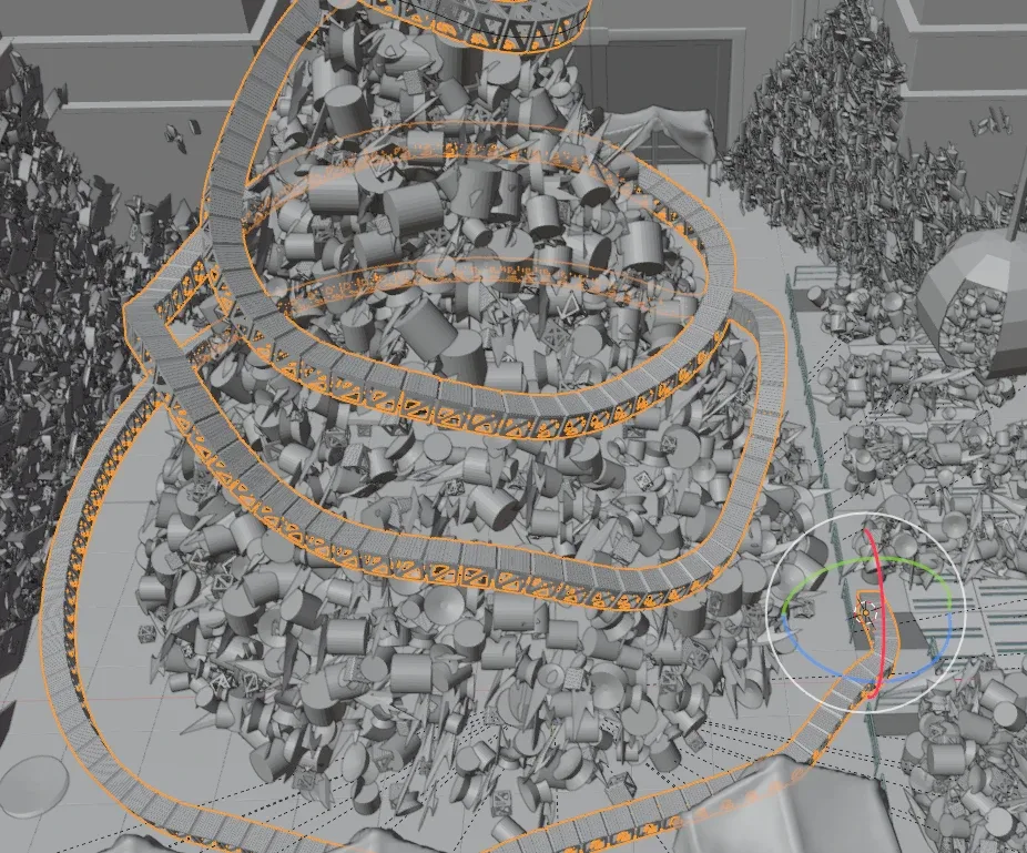 A walkway spiralling up the central scrap pile, built from a curve array