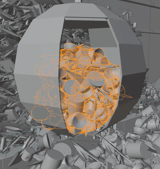 A spherical cage packed with scrap shapes, selected in the Blender viewport