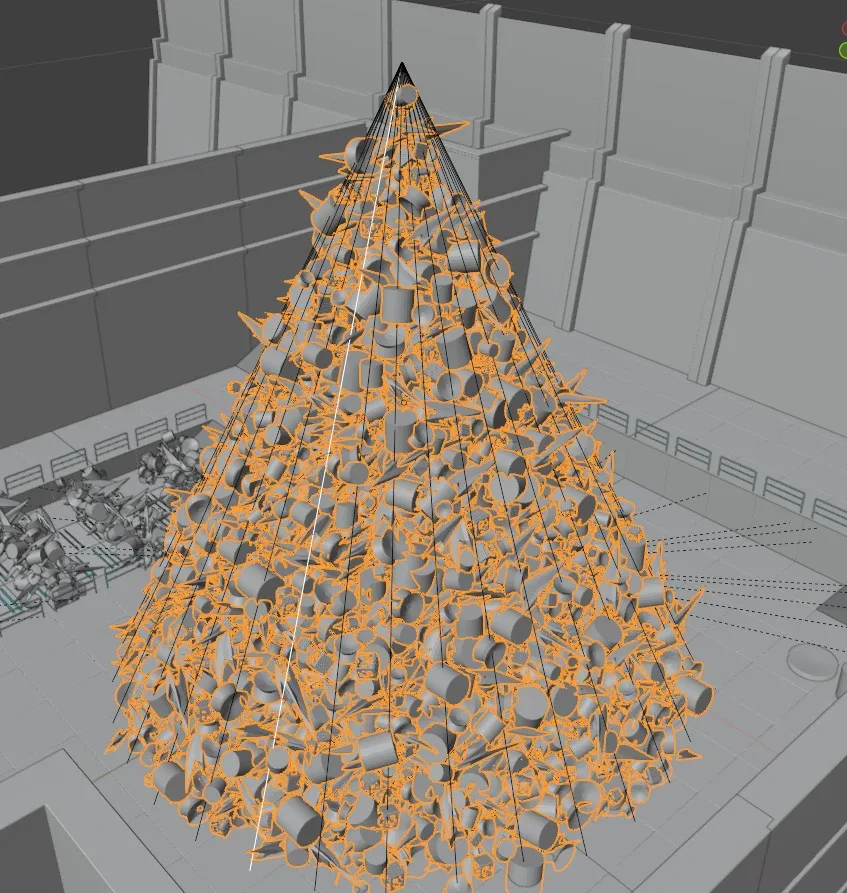 The cone-shaped scrap pile selected in Blender, built from points scattered inside a cone