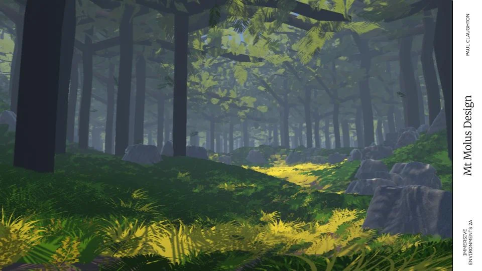 Mt Tmolus design render: a sunlit path through ferns and yellow grass between tall dark trees and grey boulders