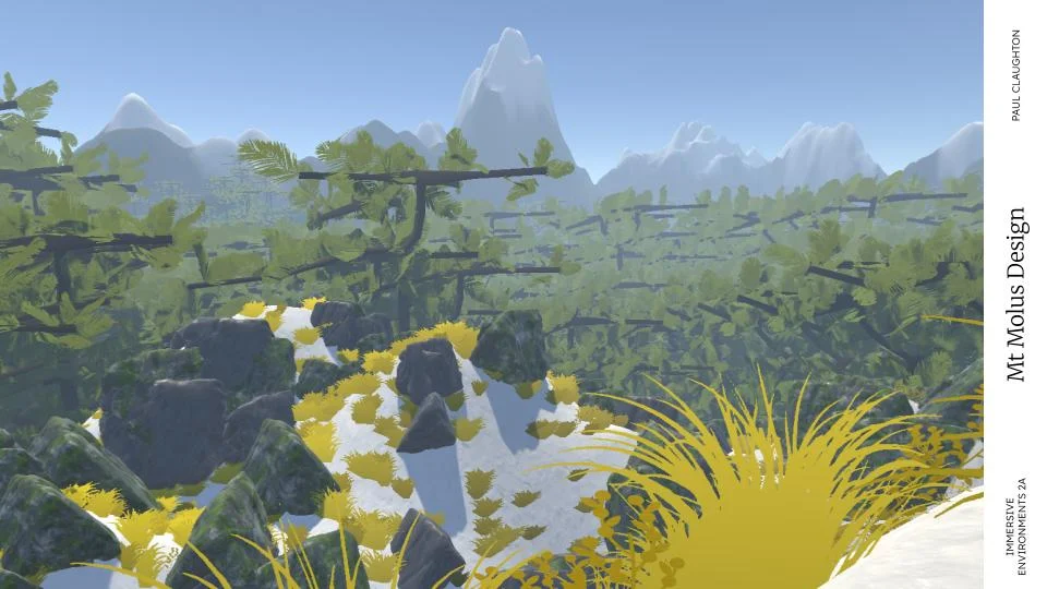 Mt Tmolus design render: snowy mountain peaks above a pine forest, seen past mossy rocks and yellow grass