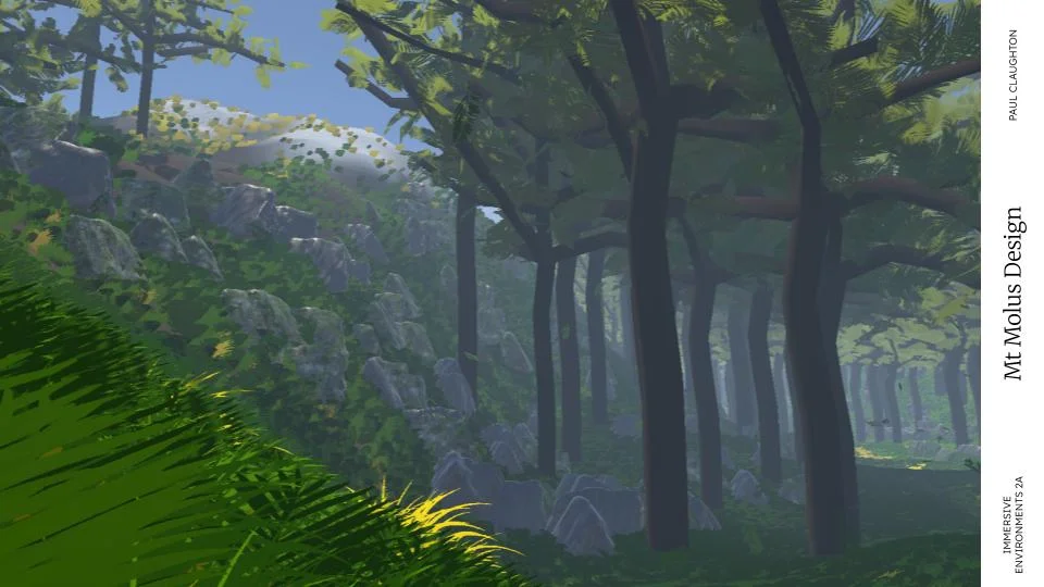 Mt Tmolus design render: a rocky slope covered in moss beside a row of dark tree trunks