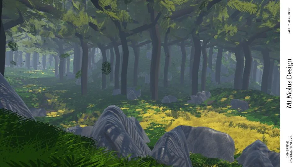 Mt Tmolus design render: misty forest floor with patches of yellow plants and scattered grey rocks