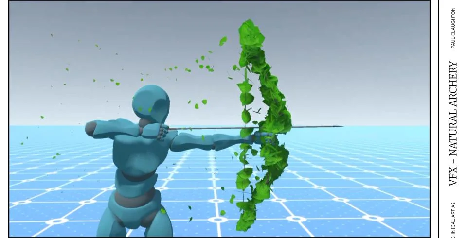 Natural Archery VFX: Close-up of an archer drawing an arrow on a bow made of green leaves