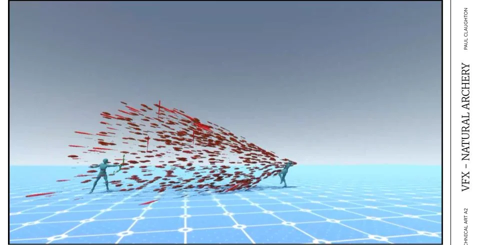Natural Archery VFX: A wave of red streak particles sweeping between two figures