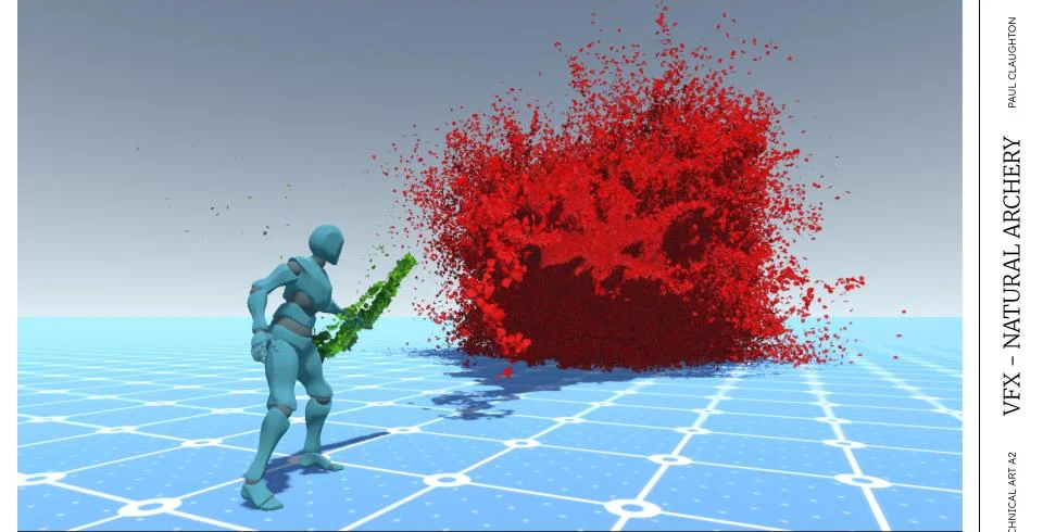 Natural Archery VFX: A huge red particle burst beside an archer holding a leafy green bow