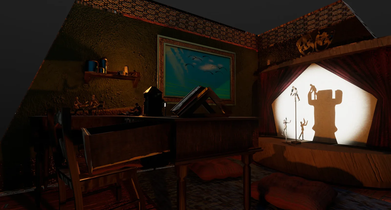 The diorama: a shadow-puppet theatre beside a workbench and figurines in a dim attic room