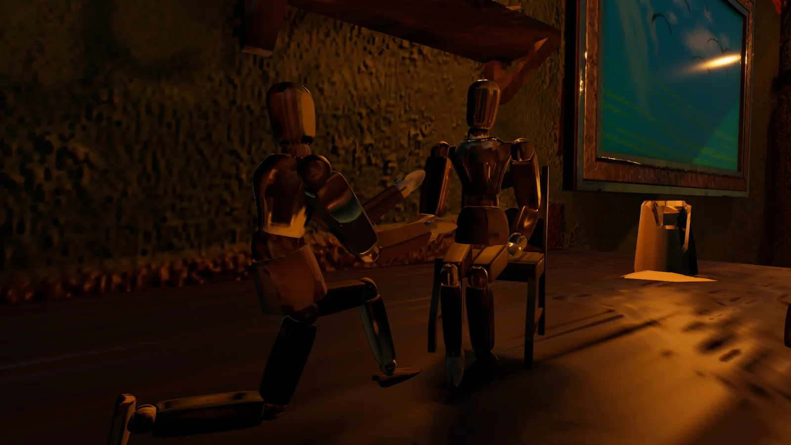 One wooden mannequin kneeling before another seated on a chair