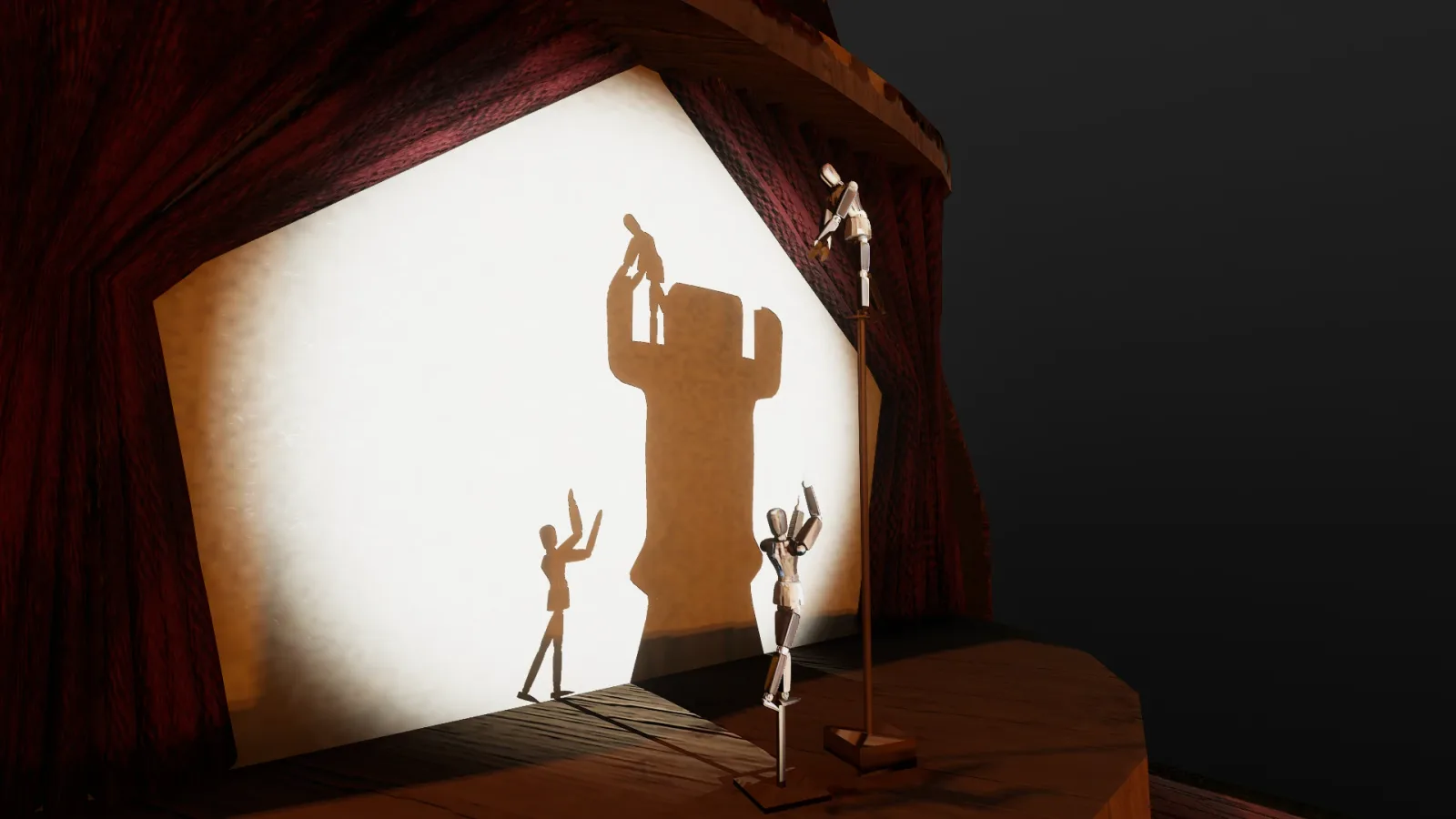Close-up of the stage: posed mannequin puppets cast shadows onto a giant rook-shaped castle