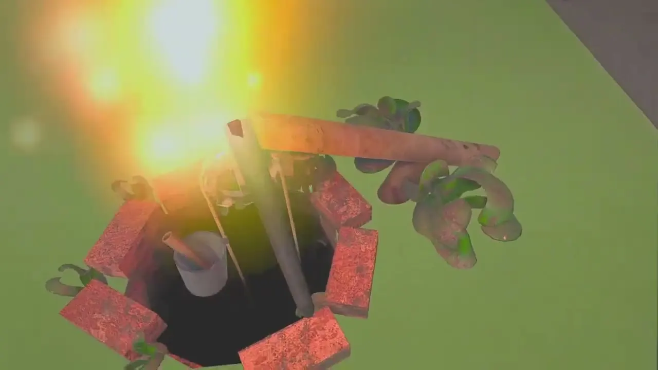 Looking down into the brick well with a bright light glowing above