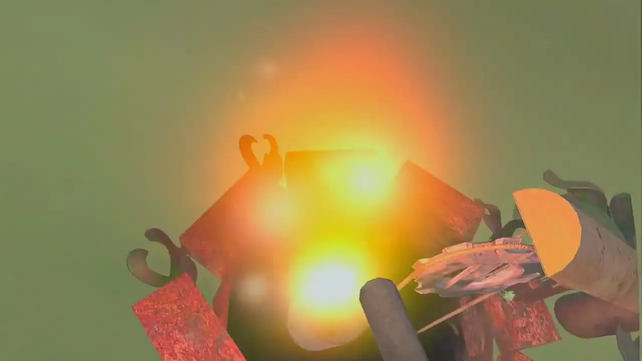 A glowing light deep inside the well beside the torch