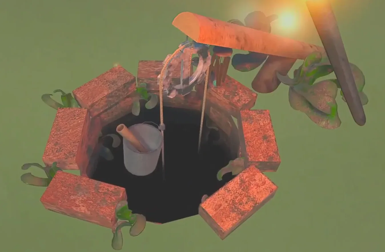 The brick well from above, with a bucket, a rope on a crank, wind chimes and a torch beside it